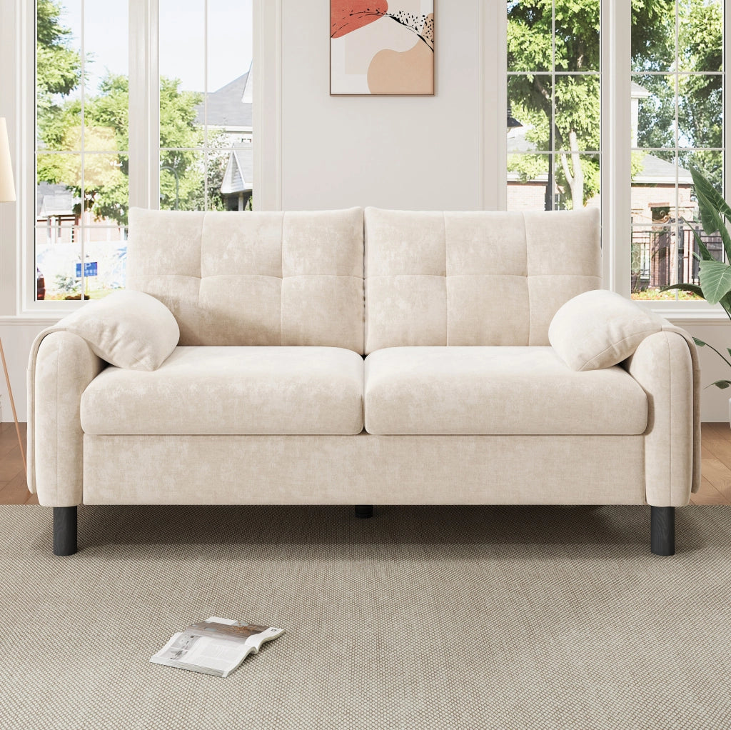Sofa 2 posti moderno in tessuto chenille beige con cuscini spessi e tasche laterali, design scandinavo