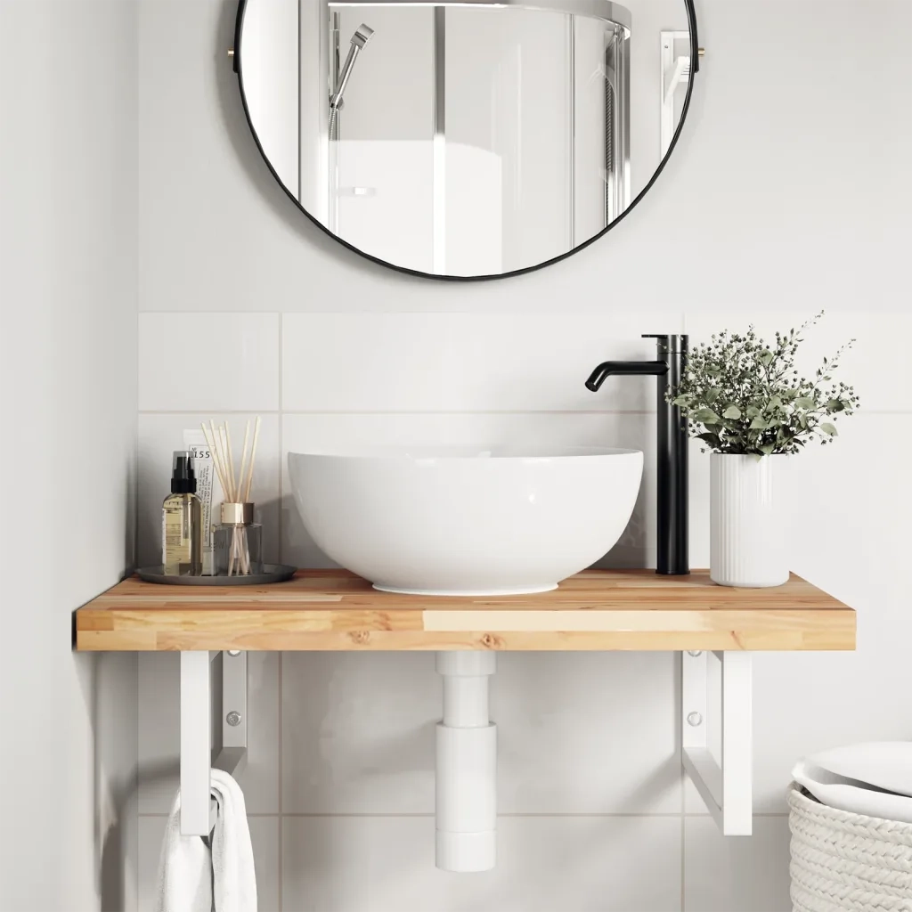 Ripiano a Parete per Lavabo in Acciaio e Massello di Acacia 3302804