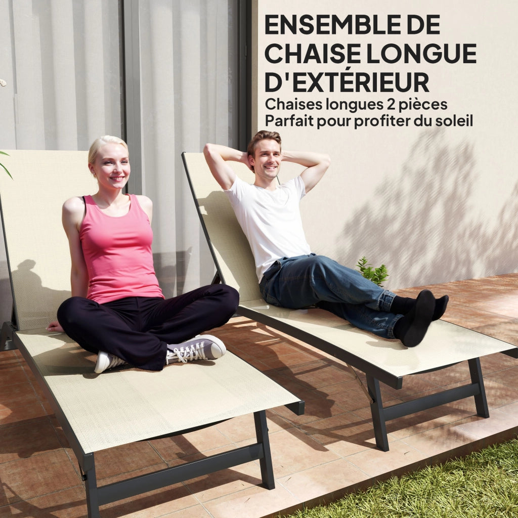 Lettino da Sole in Alluminio con Cuscini Textilene ¨C zephmum ¨C 2 Pezzi, Colore Cachi