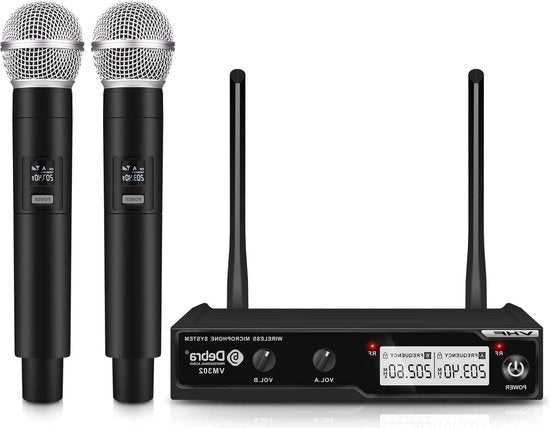Sistema Karaoke VHF a Radiofrequenza con Microfoni a Mano Doppio - Karaoke per Casa o Matrimonio - Interfaccia XLR - Raggio di Azione 80M