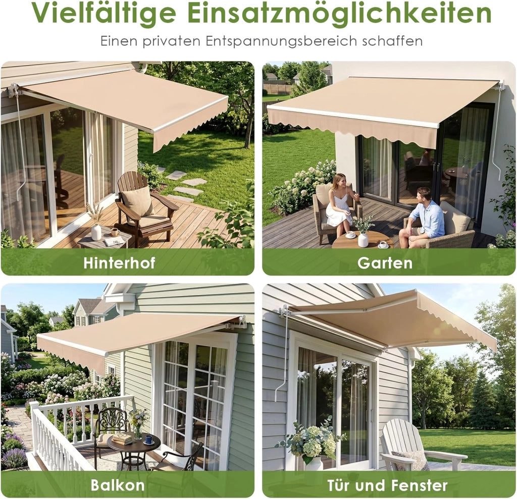 Tenda da sole con braccio snodato manuale, 250 x 200 cm, con supporto a parete, manovella, impermeabile, in alluminio/poliestere, per esterni, terrazze, balconi, beige