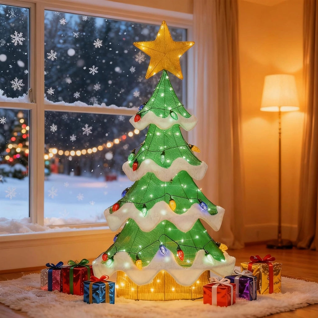 Albero di Natale, Decorazioni Natalizie 130 CM, con 146 Luci LED, 34 Forma di Fragola, Resistente alle Intemperie, Addobbi Natalizi per Esterno Interno per Casa, Giardino, Cortile