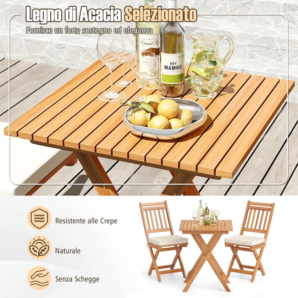 Set Bistro da Esterno in Legno di Acacia, Tavolo e 2 Sedie Pieghevoli con Cuscini, Tavolo Portata 80 kg/Sedia Portata 180 kg (Modello 2)