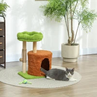 Albero Tiragraffi per Gatti con Casetta, Lettino e Pallina Giocattolo, in Legno e Peluche, 44x33x61 cm, Verde