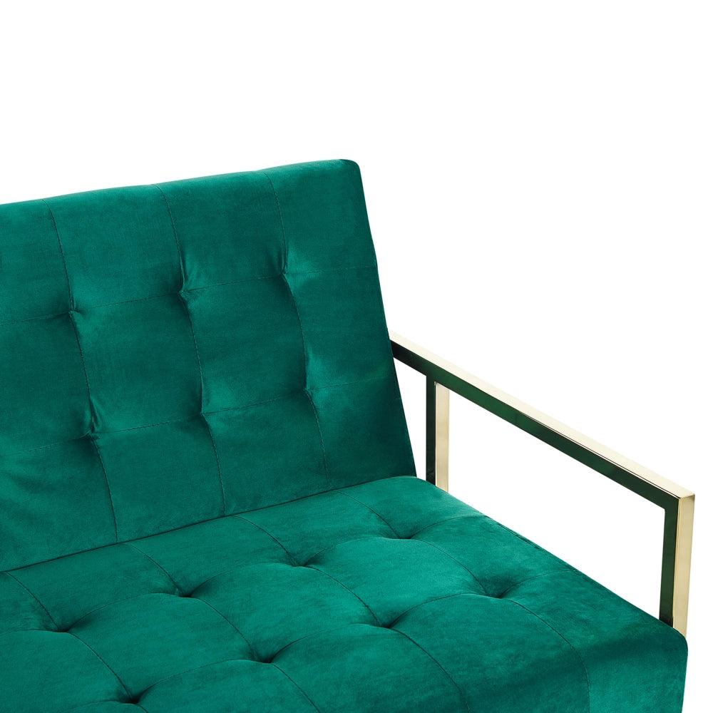 Divano Letto In Velluto Verde Trapuntato Tappezzeria A 3 Posti Struttura In Metallo dorato Con Braccioli Stile Retrò