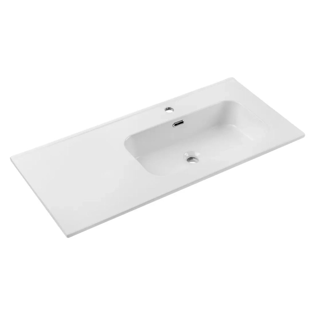 Lavabo da incasso ESSEN 100 cm in ceramica bianca lucida decentrata a destra