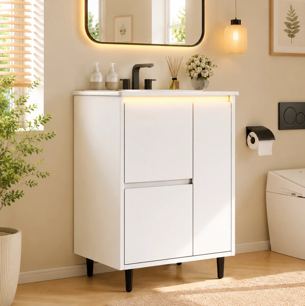 Mobile bagno freestanding con lavabo in ceramica e doppio cassetto