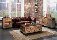 Tavolino a 5 cassetti in legno di riciclo, e rotelline in metallo