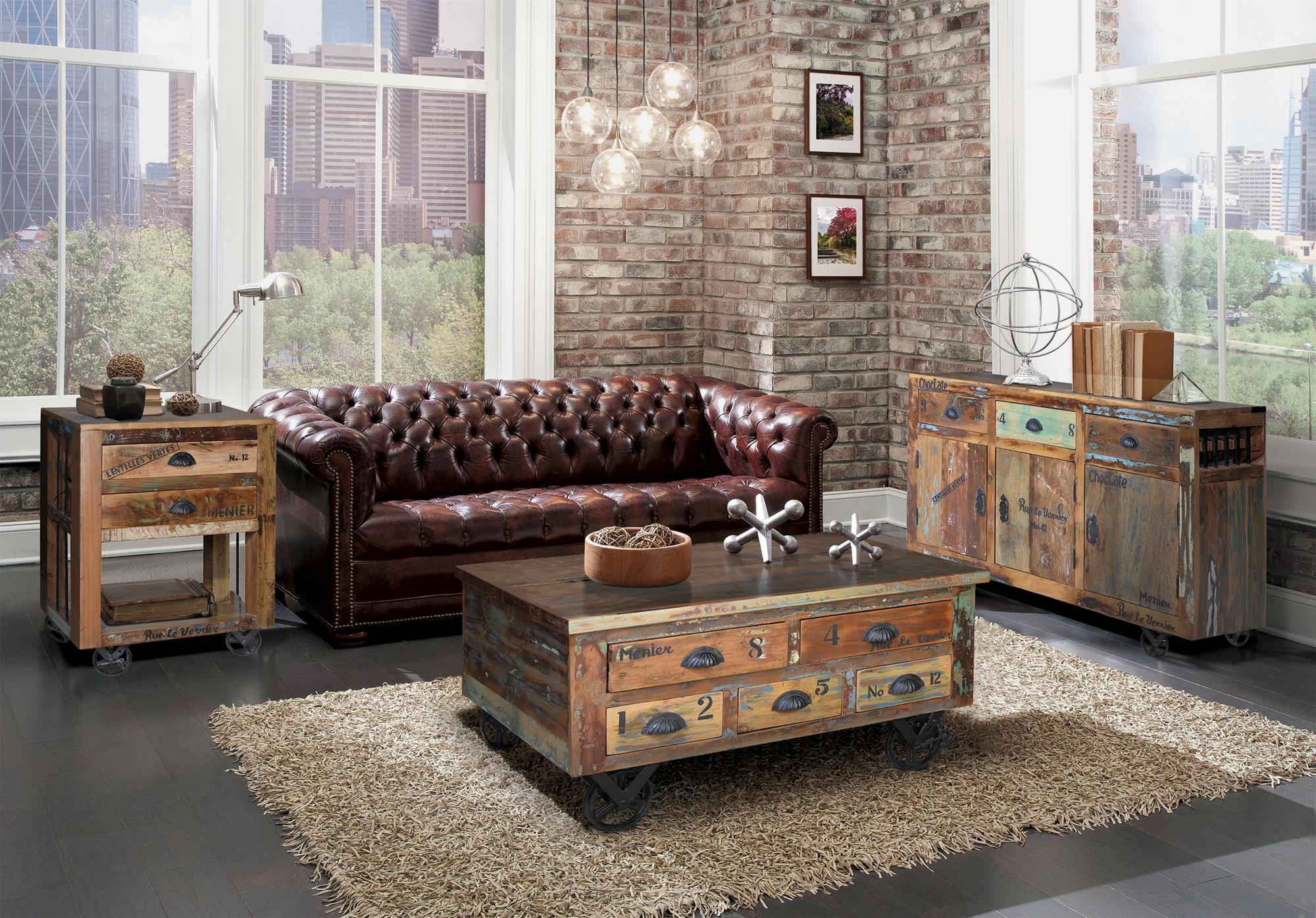 Tavolino a 5 cassetti in legno di riciclo, e rotelline in metallo