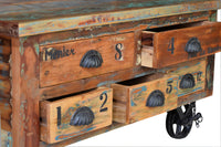 Tavolino a 5 cassetti in legno di riciclo, e rotelline in metallo