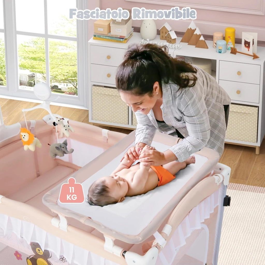 Lettino da Campeggio per Bambini, Culla Pieghevole con Fasciatoio Zanzariera, Box Neonati con Giocattoli, Ruote, per Bambini 0-36 Mesi (Rosa)