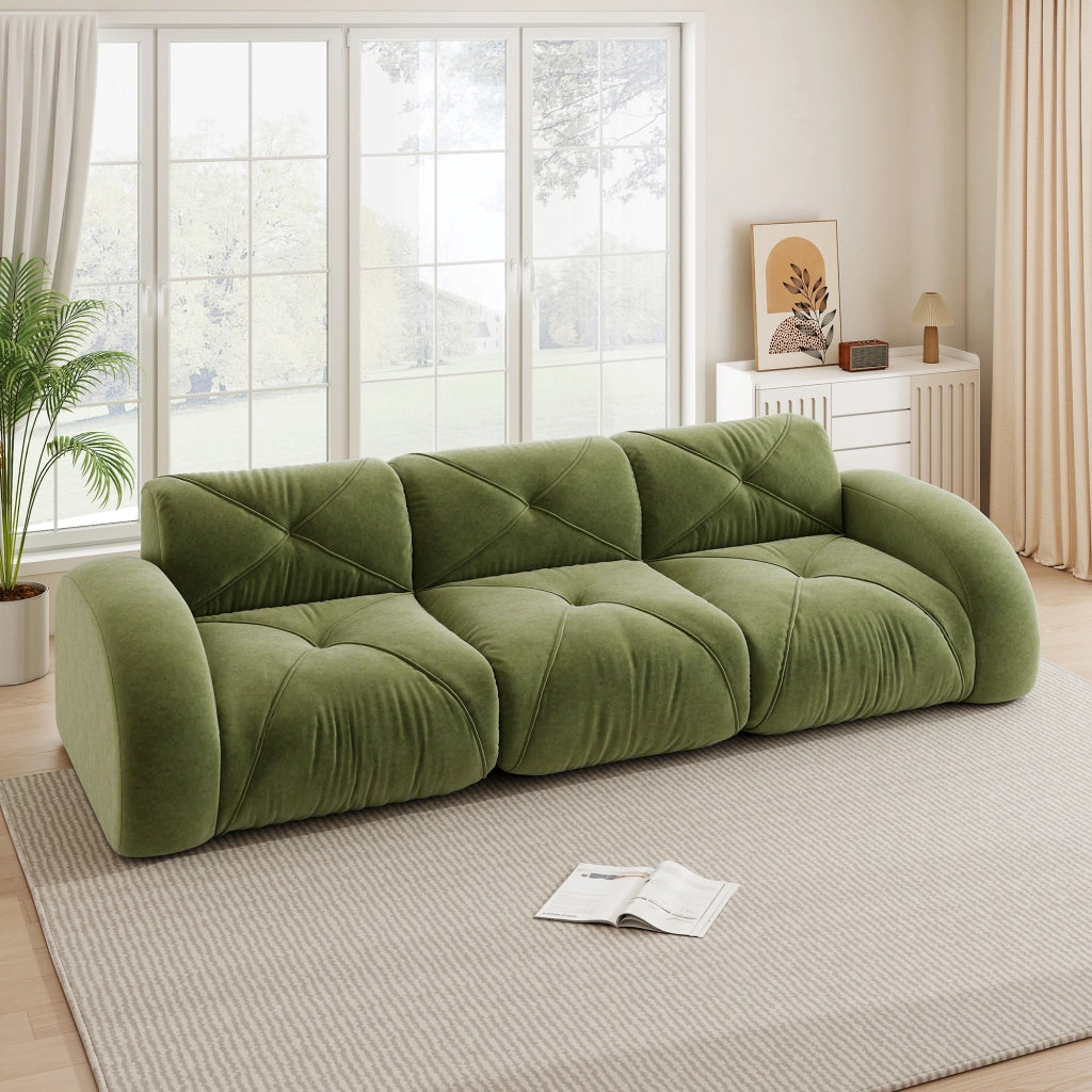 Divano modulare senza struttura con seduta morbida e design antiscivolo per soggiorno a tre posti in chenille verde