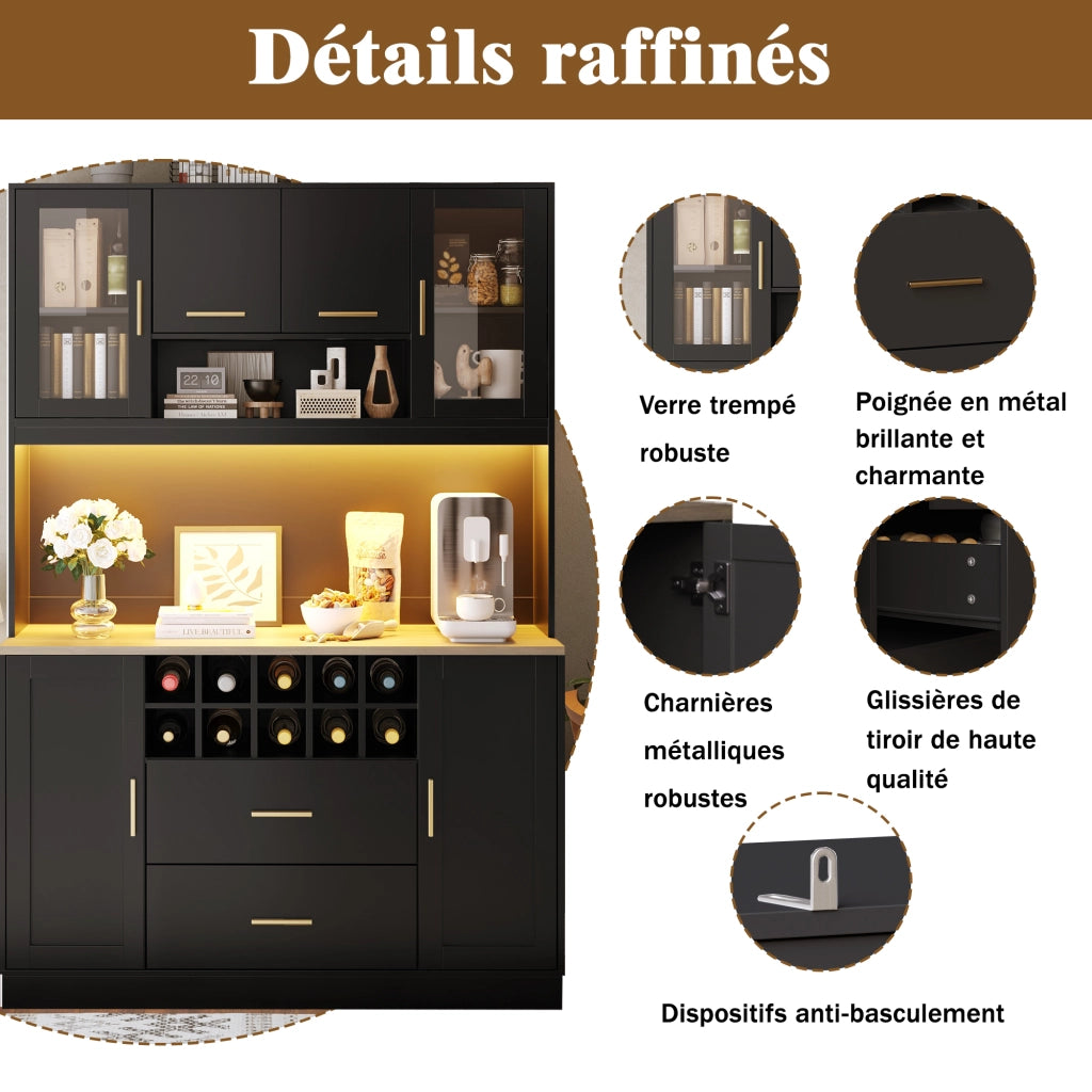 OKWISH Credenza Alta da Cucina con 6 Ante 2 Cassetti LED e Prese USB per Cucina MDF Nero 120 x 36.3 x 180 cm