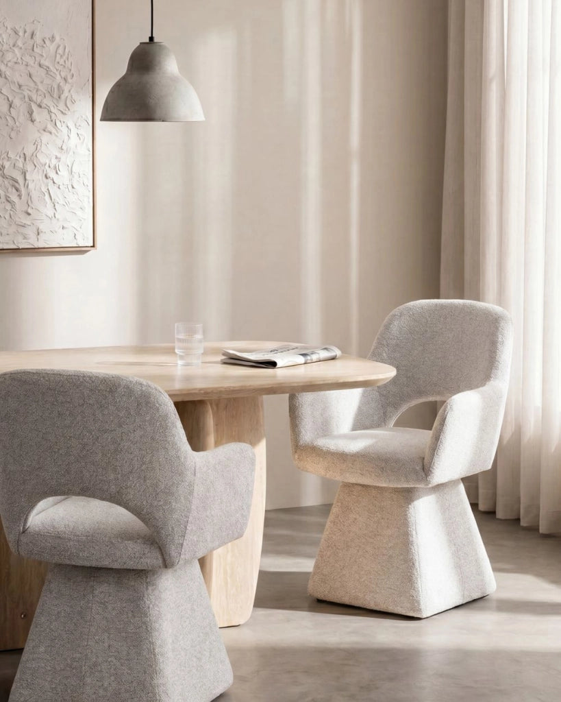 Sedia da pranzo girevole in tessuto grigio chiaro interamente rivestita, con imbottitura spessa e seduta ampia, per soggiorno moderno