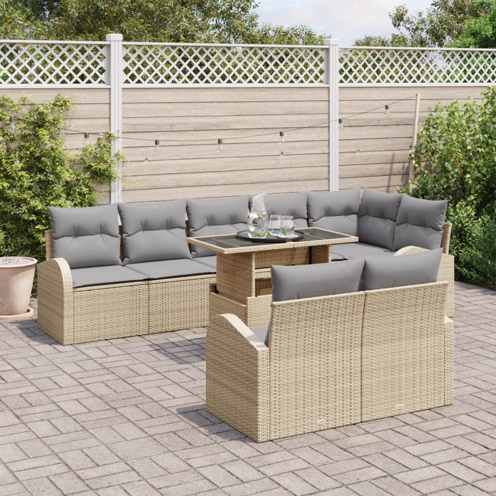 Set Divano da Giardino 9 Pezzi con Cuscini Beige Rattan Sintetico