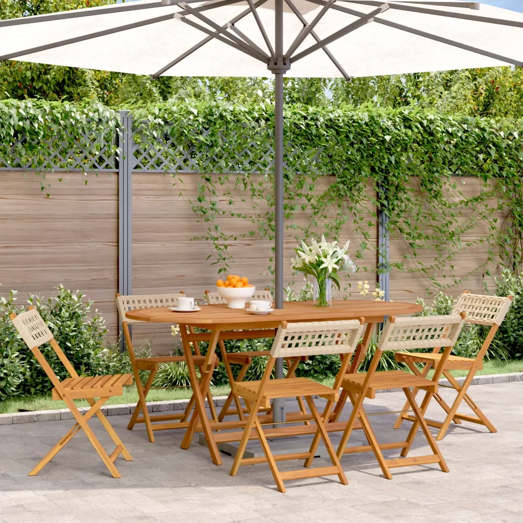 Sedie Giardino Pieghevoli 6 pz | Sedie da Esterno Beige Polyrattan e Legno Massello