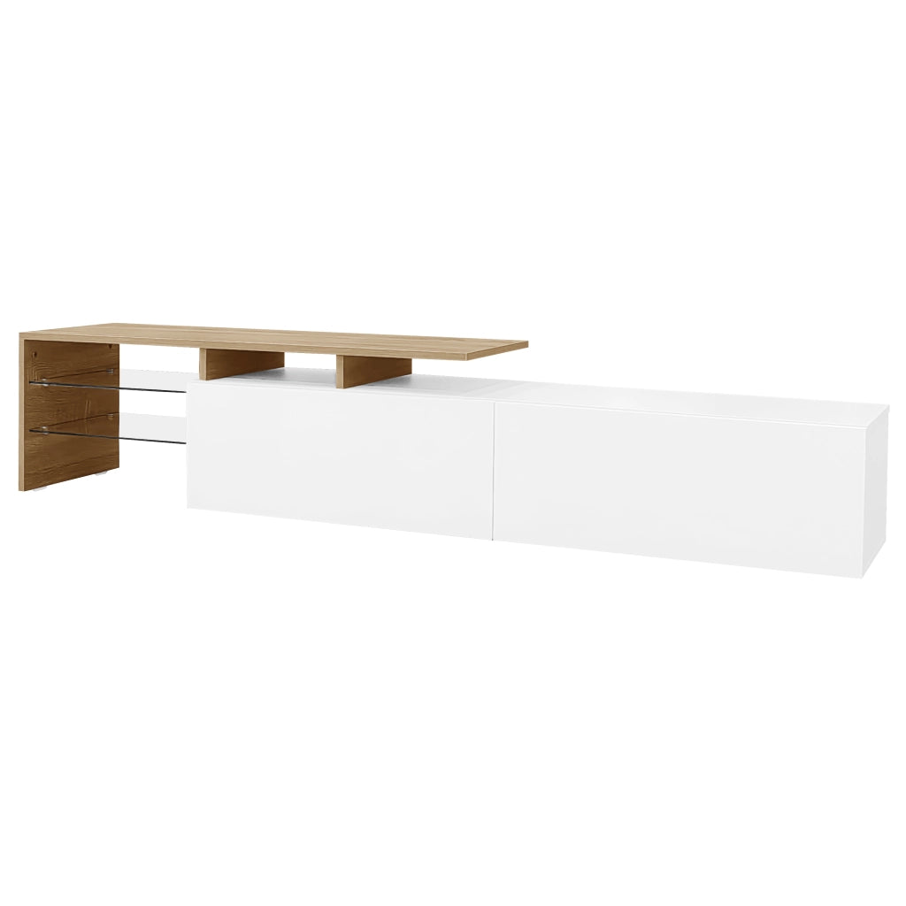 Mobile TV con 2 Vani; Ripiani in Vetro e LED 16 Colori; Moderno Lucido; 170¡Á33¡Á33;5 cm; Bianco Naturale