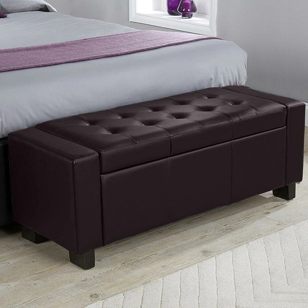 Cassapanca Pouf Contenitore Panca Fondoletto 110x40x40 cm in Legno e Eco Pelle Marrone