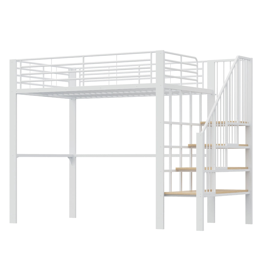 OKWISH Letto a Soppalco 140×200 cm, Letto Matrimoniale con Scala, Ampio Spazio Contenitore, senza Materasso, in Metallo e Legno, Bianco