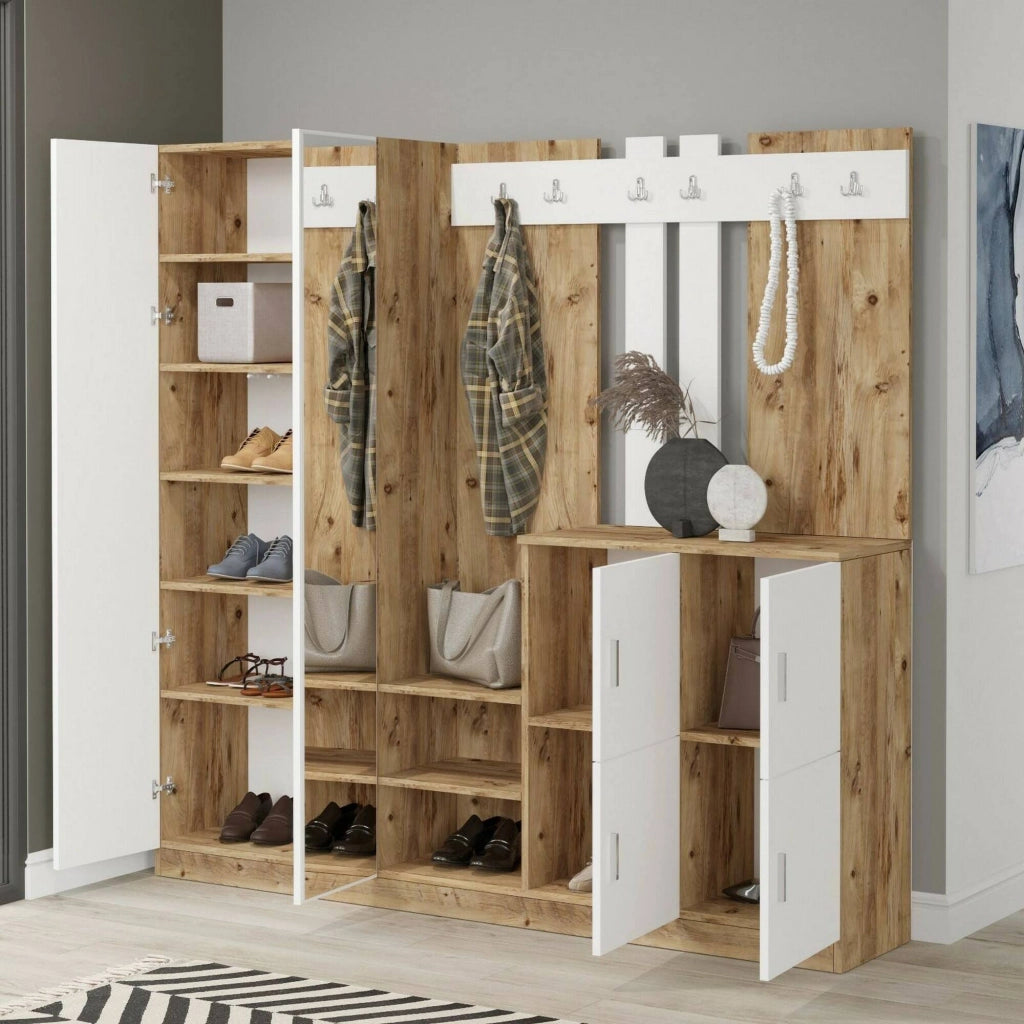 Mobile da ingresso Artin, Entratina appendiabiti, Composizione per atrio, Consolle portaoggetti multifunzione, 187x38h180 cm, Quercia e Bianco
