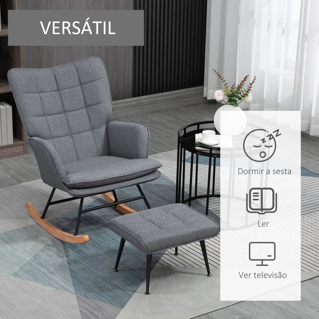 Sedia a Dondolo con Poggiapiedi ¨C Xylo ¨C Cuscino Imbottito Grigio 64x89x90 cm