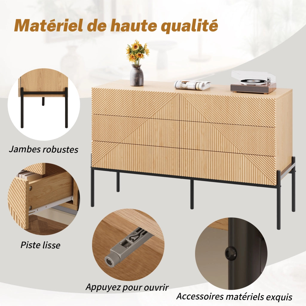 OKWISH Credenza con 6 Cassetti, Frontale Geometrico 3D e Gambe in Metallo, per Soggiorno o Sala da Pranzo, MDF, 115.5 x 38 x 75 cm