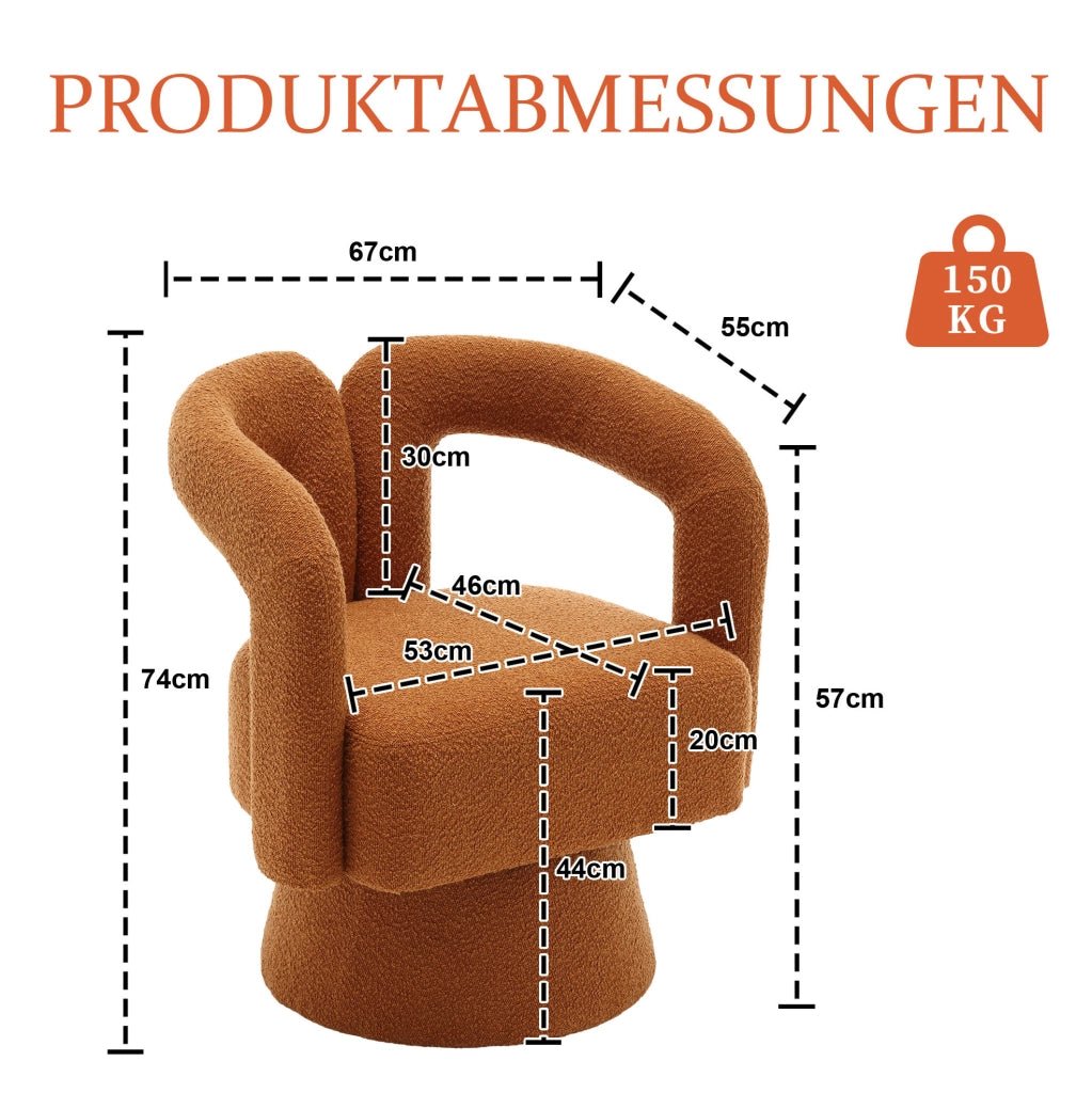 Poltrona girevole 360° in bouclé arancione; 67x55x74 cm; con base in metallo