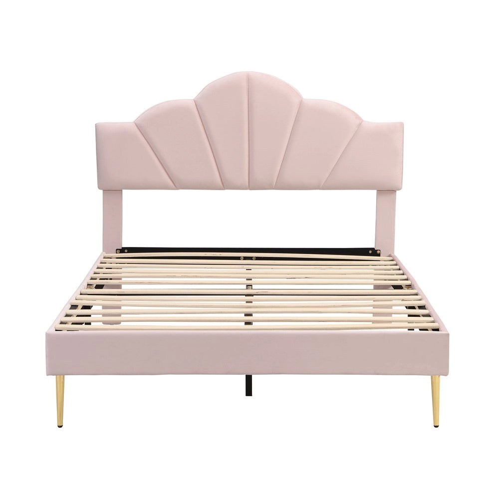 Letto Imbottito Matrimoniale in Velluto ¨C MINIMAL ¨C Rosa 140x190, Testiera Regolabile, Doghe in Legno