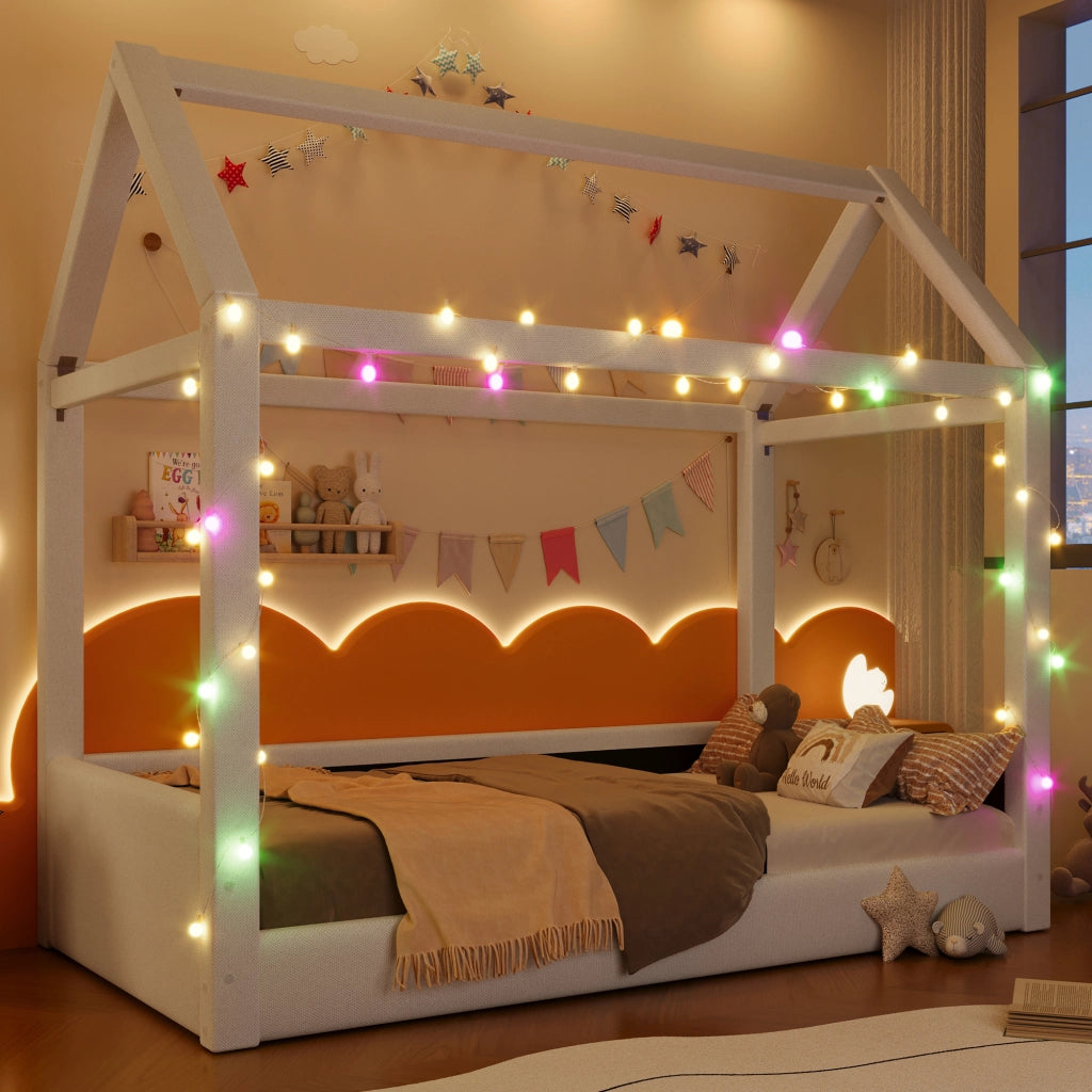 Letto a giorno con luci LED in MDF beige 90x200 cm