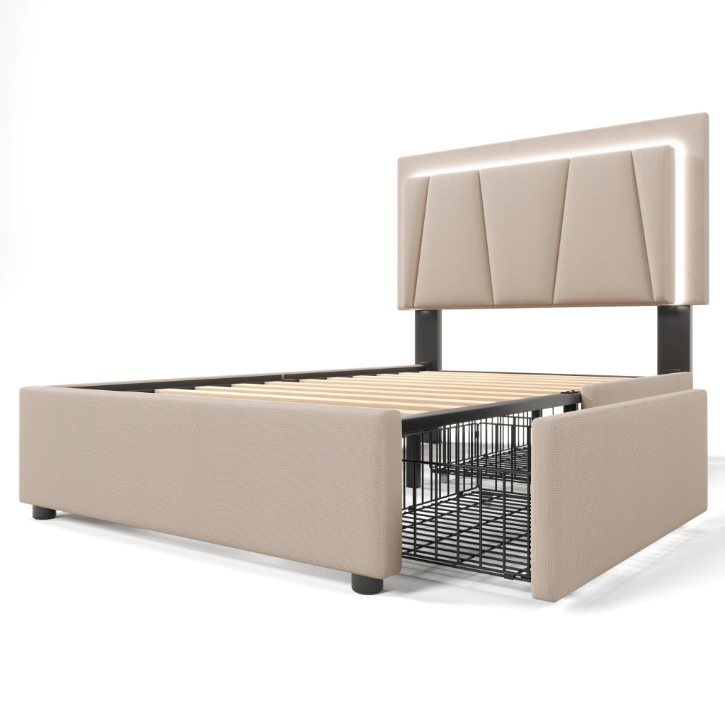 LETTO imbottito 90x200 cm Beige con testiera regolabile, LED e 2 cassetti