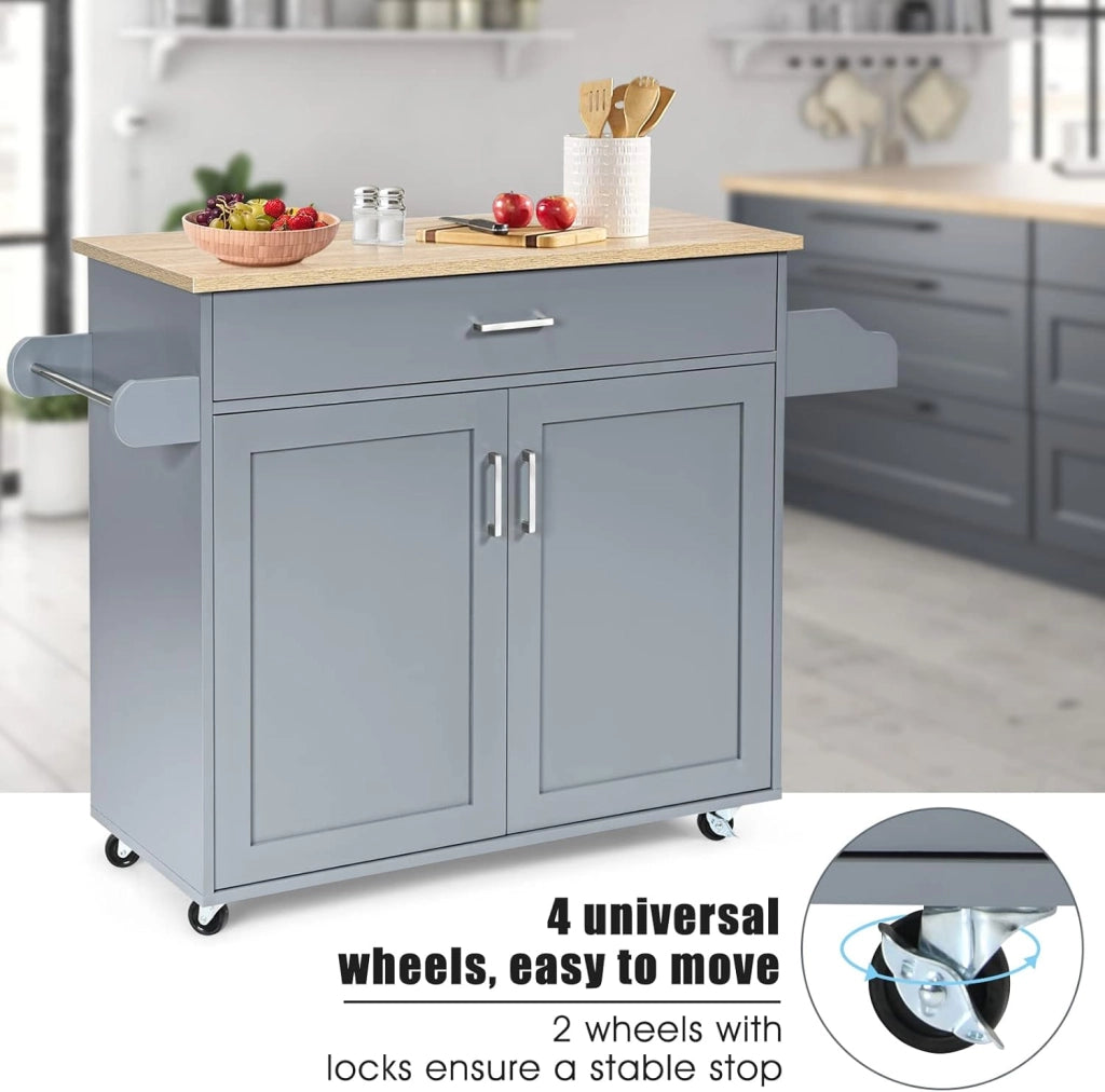 Carrello da Cucina, Credenza Mobile con Cassetto, Anta Doppia, Portaspezie e Portasciugamano, Ripiani Regolabili, Ruote con Freni, Portata di 50 kg, 116x40x85 cm, 4 Colori (grigio)