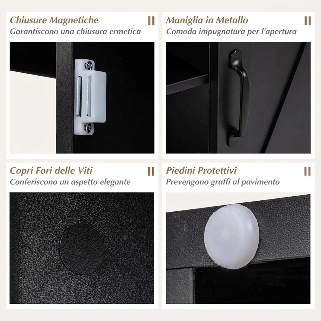 Tavolino Laterale da Salotto, Comodino Rustico con Stazione di Ricarica, Ripiano Regolabile e Porta da Fienile, Tavolino Versatile per Camera da Letto e Soggiorno (Nero)