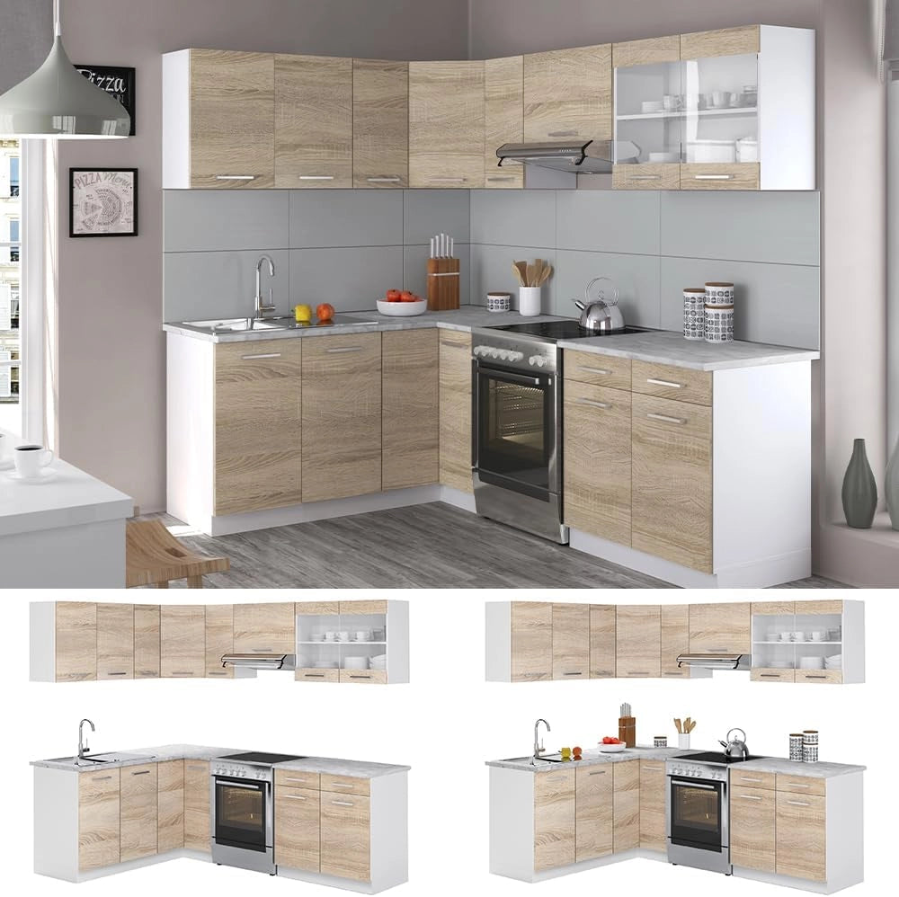 Cucina ad angolo Rick, Bianco/Sonoma, 230 x 60 cm, PL Marmo, con moduli regolabili e piedini ad altezza variabile