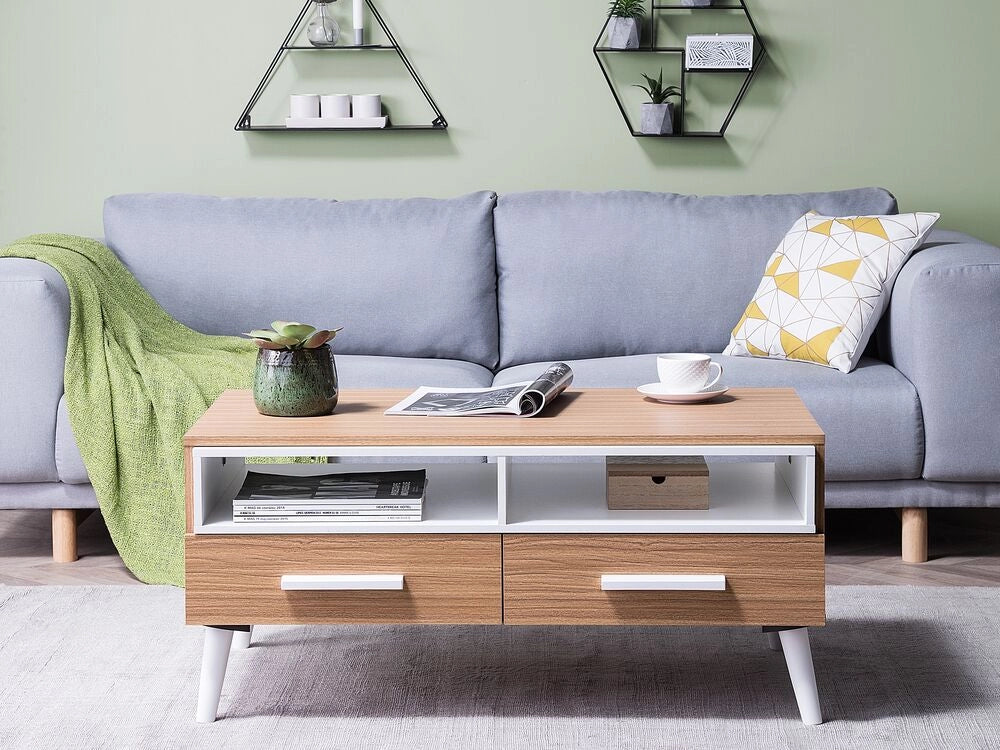 Tavolino da caffè in legno chiaro con ripiani bianchi a 2 cassetti 100 x 60 cm in stile scandinavo