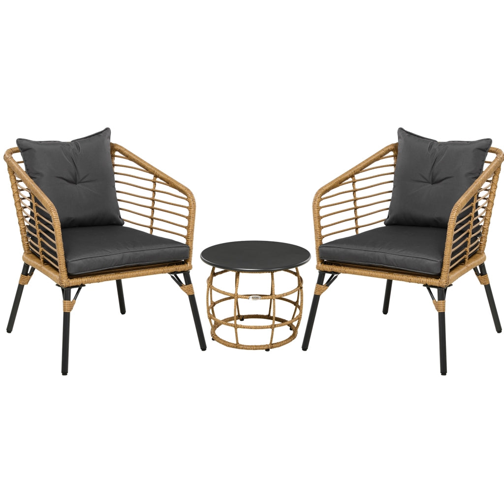 Bistro set 3 pezzi in rattan PE con tavolino; cuscini; sabbia