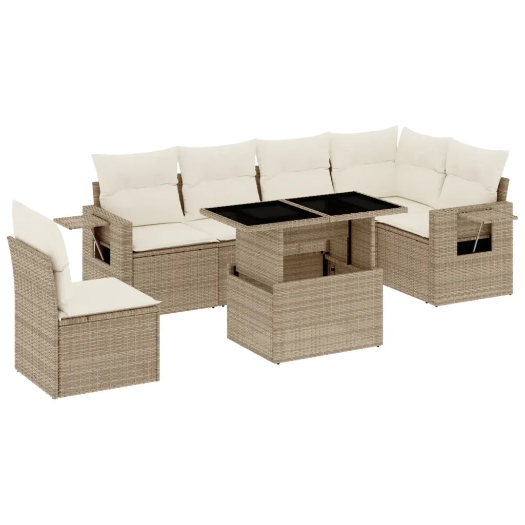 Set Divani da Giardino 7 pz con Cuscini Beige in Polyrattan