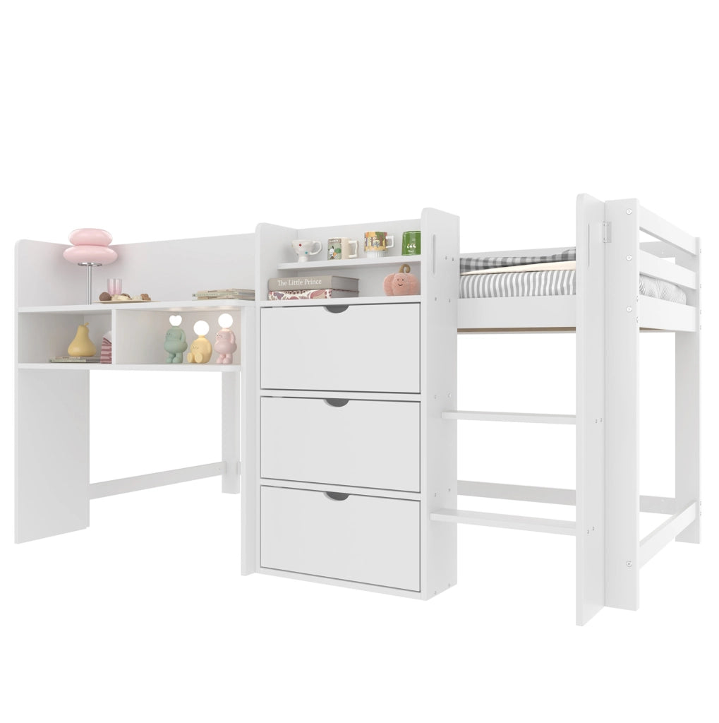 Letto a soppalco 90x200 cm con spazio contenitore in pino bianco