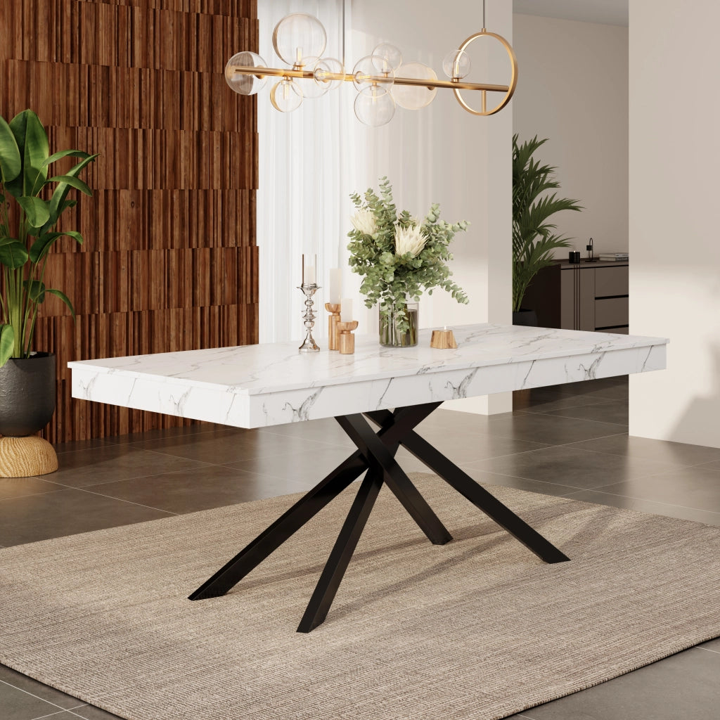 Tavolo da pranzo allungabile per 6-8 persone con piano spesso e gambe incrociate in MDF bianco per interni moderni