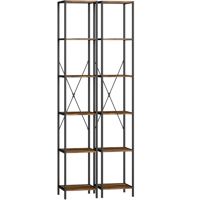 Set di 2 librerie a 6 ripiani in legno marrone rustico con struttura stabile salvaspazio