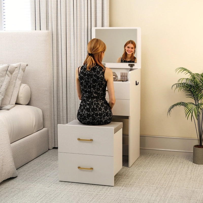 Tavolo da toeletta 3-in-1 con specchio; comodino; sgabello con ruote e cassetti; Bianco