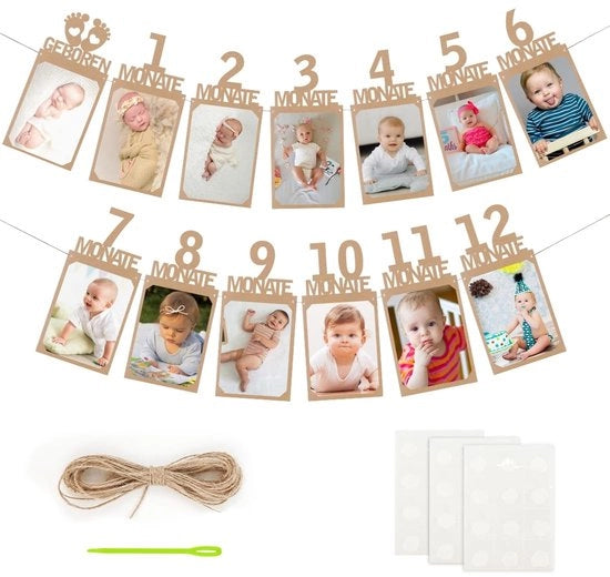 Decorazione per la prima foto - Mijlpaalslinger per bambini - Banner fotografico - Decorazione - Carta kraft - 13 cartelle 17x12 cm