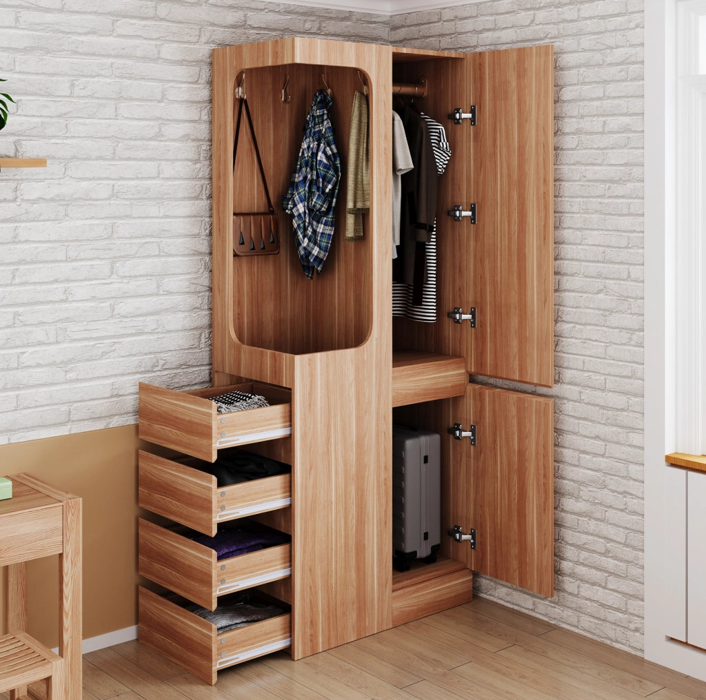Armadio 70x40x170 cm con 4 cassetti e vano appendiabiti aperto in legno naturale