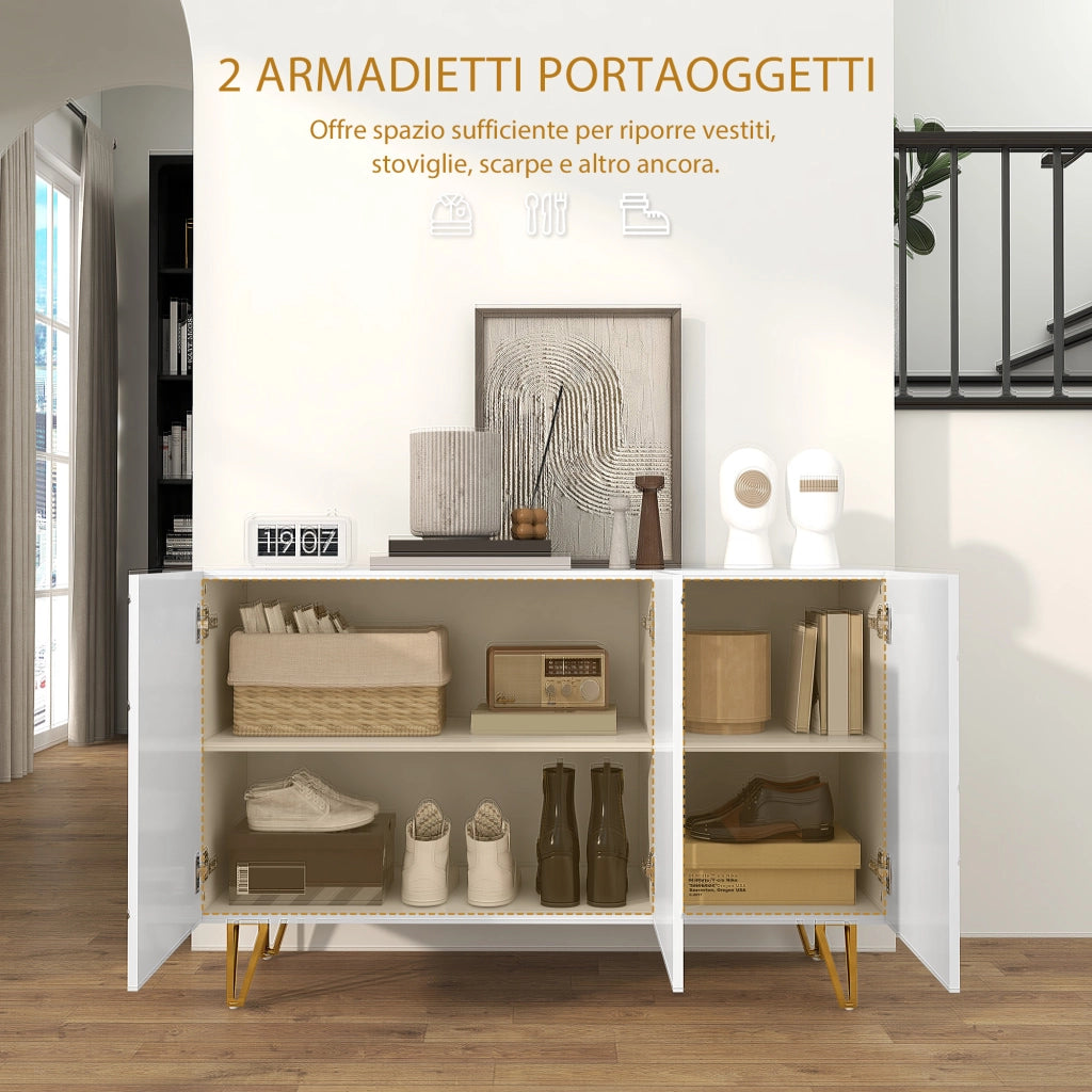 Mobile Contenitore 120x40x75 cm con 2 Armadietti e Ripiano Regolabile in Truciolato e Metallo Bianco e Oro
