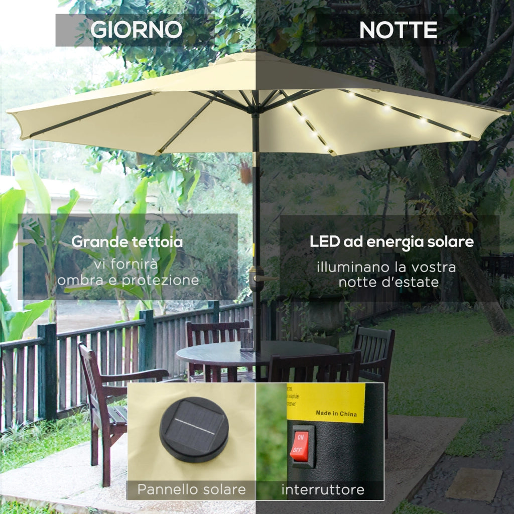 Ombrellone da Giardino Inclinabile ?265 cm con 32 Luci LED Solari e Manovella, Beige