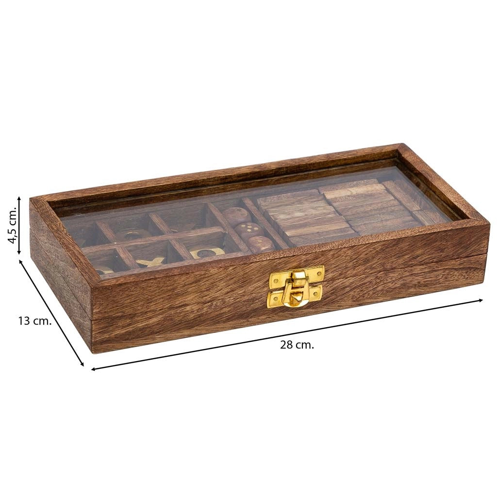 Gioco 3/1 (Domino+dadi+3 di fila) in scatola, legno marrone 28x13x5