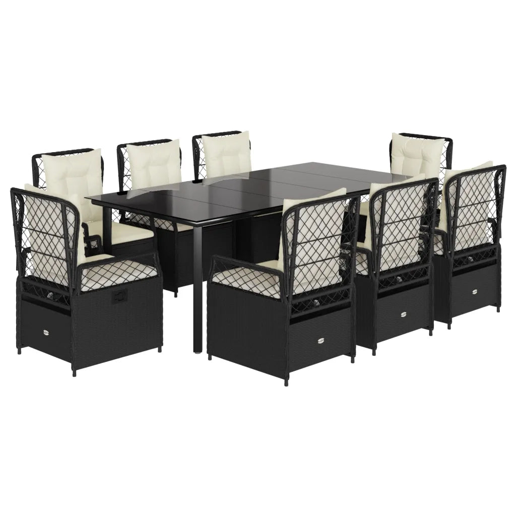 Set da Pranzo da Giardino 9 pz con Cuscini Nero in Polyrattan