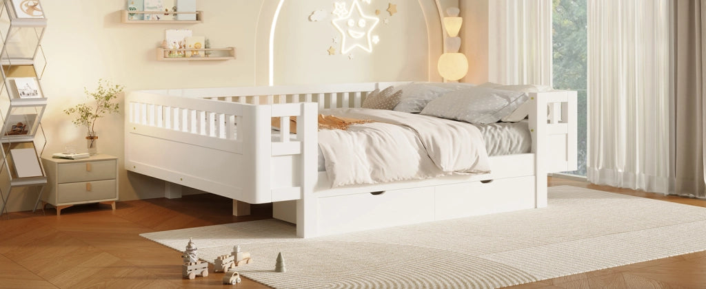 Letto a piattaforma per cameretta con spondine alte e due cassetti, in legno massiccio e MDF bianco 140 × 200 cm