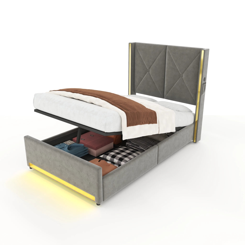 Letto contenitore 90x200 cm in velluto grigio scuro con USB, Type-C, LED, tasche laterali e testiera alta