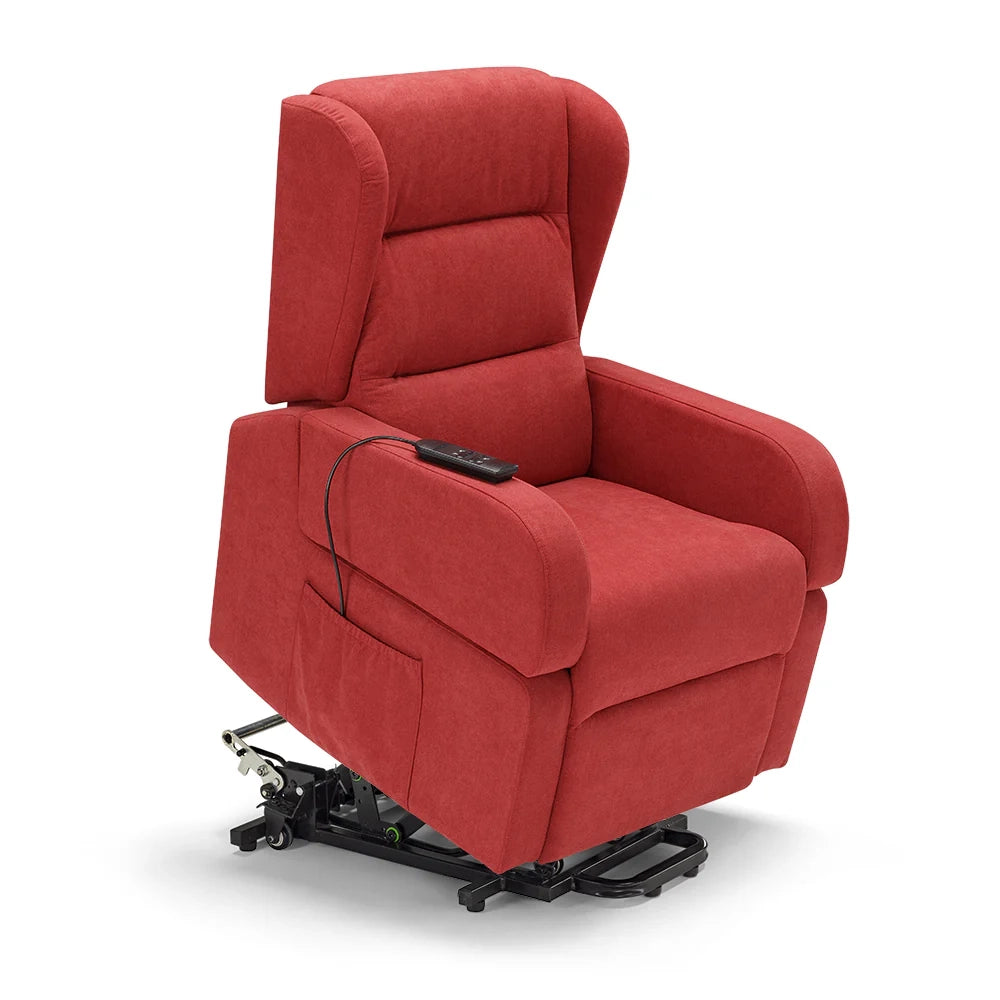 Poltrona relax elettrica Bilbao per anziani, 2 motori, 4 ruote, reclinazione e alzapersona, Tavolino di Servizio, braccioli estrabili, doppia pediera, colore Rosso