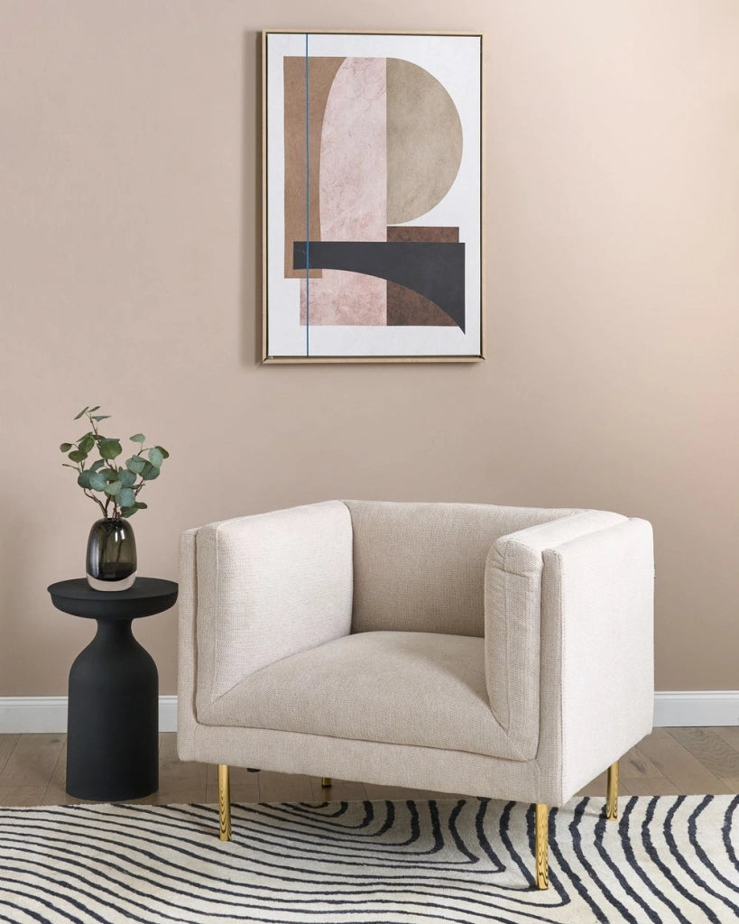 Poltrona Beige Tessuto Cromo Ferro Gambe Oro con Braccioli Soggiorno Moderno Minimalista
